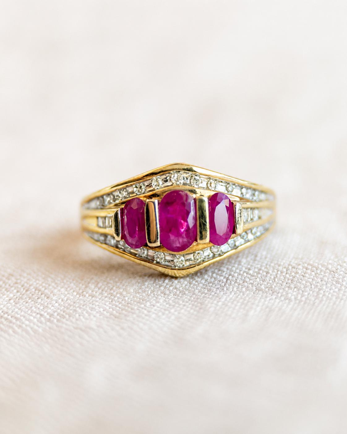 Vintage Ruby and Diamond Ring, 10k Gold, Oval Three Stone Statement Ring, Alternative Engagement