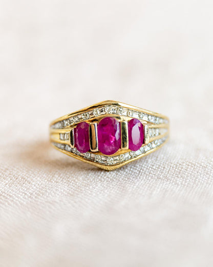 Vintage Ruby and Diamond Ring, 10k Gold, Oval Three Stone Statement Ring, Alternative Engagement