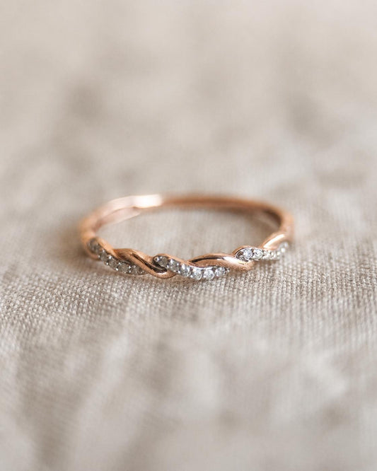 Vintage Diamond Wedding Band, 14k Rose Gold, Infinity Twist Stacking Ring, Bridal Jewelry