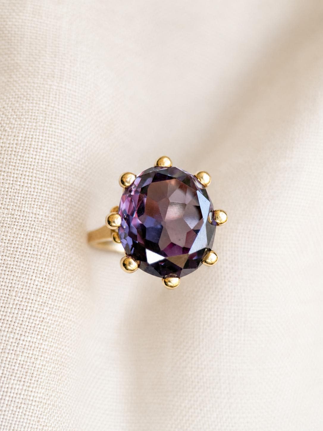 Vintage Sapphire Ring, 14k Gold, Oval Cut Purple Statement Ring, Crown Solitaire Cocktail Jewelry