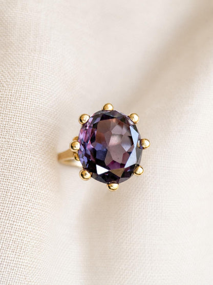 Vintage Sapphire Ring, 14k Gold, Oval Cut Purple Statement Ring, Crown Solitaire Cocktail Jewelry