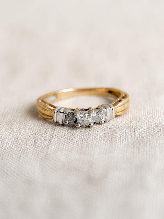 Vintage Diamond Engagement Ring, 10k Gold, Round Cut Three Stone Bridal Jewelry