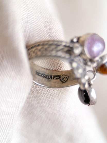 Vintage Gemstone Ring, Sterling Silver, Tassel Bezel Statement Ring, Boho Everyday Jewelry