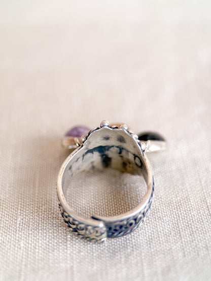 Vintage Gemstone Ring, Sterling Silver, Tassel Bezel Statement Ring, Boho Everyday Jewelry