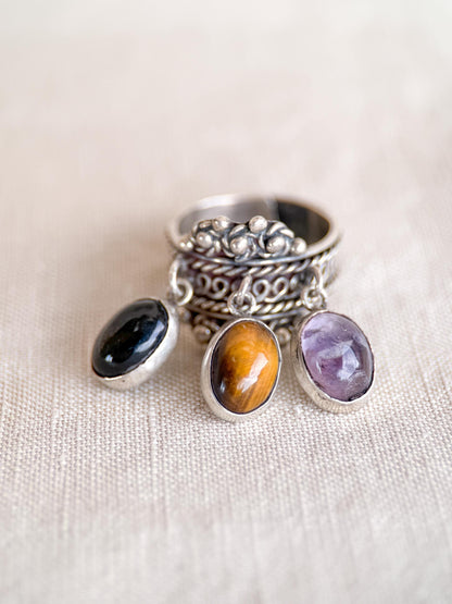 Vintage Gemstone Ring, Sterling Silver, Tassel Bezel Statement Ring, Boho Everyday Jewelry