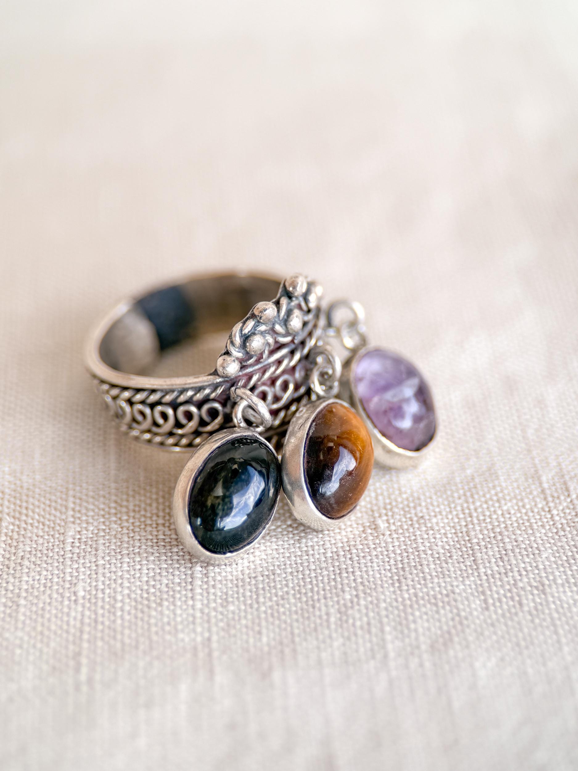 Vintage Gemstone Ring, Sterling Silver, Tassel Bezel Statement Ring, Boho Everyday Jewelry