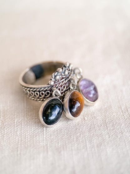 Vintage Gemstone Ring, Sterling Silver, Tassel Bezel Statement Ring, Boho Everyday Jewelry
