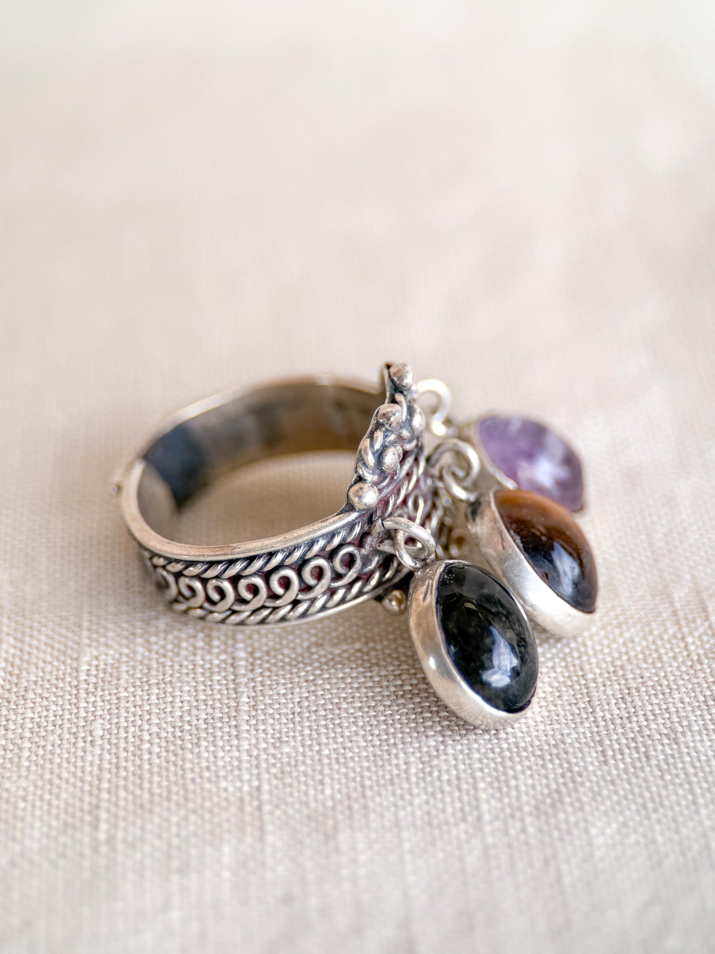 Vintage Gemstone Ring, Sterling Silver, Tassel Bezel Statement Ring, Boho Everyday Jewelry