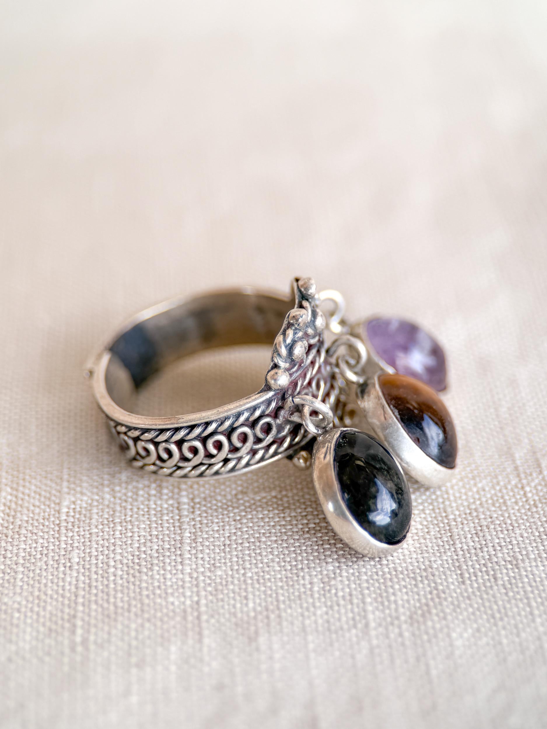 Vintage Gemstone Ring, Sterling Silver, Tassel Bezel Statement Ring, Boho Everyday Jewelry