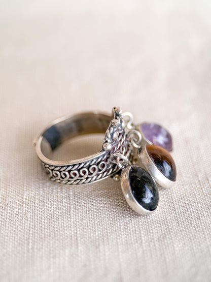 Vintage Gemstone Ring, Sterling Silver, Tassel Bezel Statement Ring, Boho Everyday Jewelry