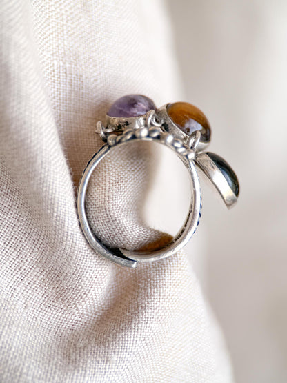 Vintage Gemstone Ring, Sterling Silver, Tassel Bezel Statement Ring, Boho Everyday Jewelry