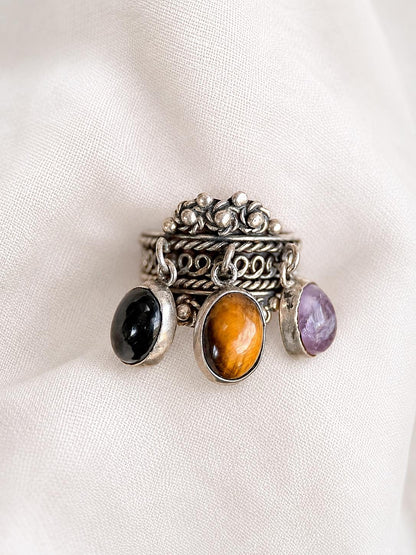 Vintage Gemstone Ring, Sterling Silver, Tassel Bezel Statement Ring, Boho Everyday Jewelry