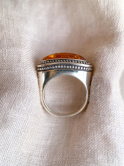 Vintage Amber Ring Sterling Silver, East West Long Oval Statement Ring, Boho Everyday Jewelry