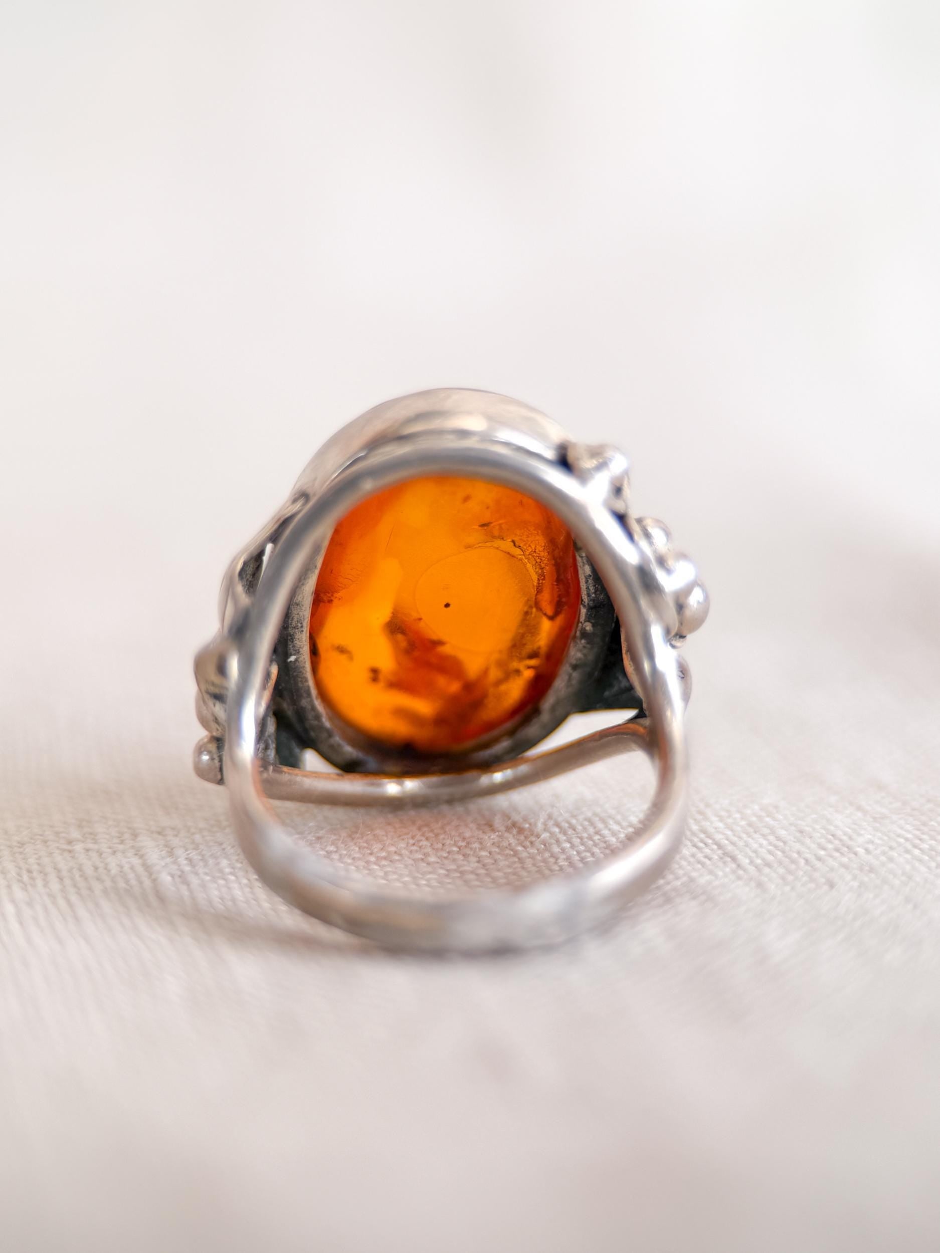 Vintage Amber Ring Sterling Silver, Floral Filigree Oval Statement Ring, Boho Everyday Jewelry
