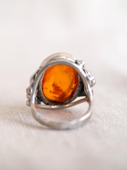 Vintage Amber Ring Sterling Silver, Floral Filigree Oval Statement Ring, Boho Everyday Jewelry