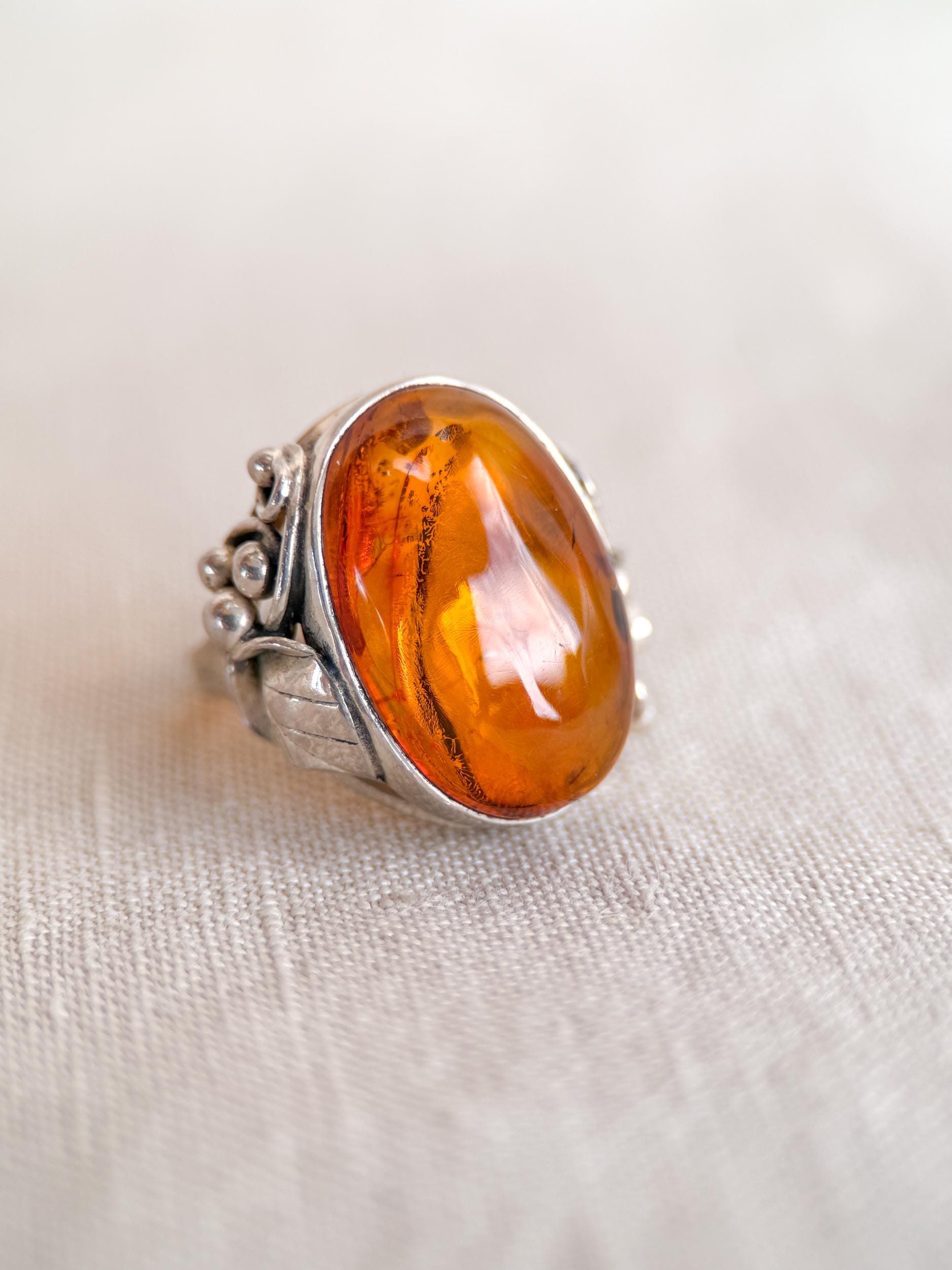 Vintage Amber Ring Sterling Silver, Floral Filigree Oval Statement Ring, Boho Everyday Jewelry