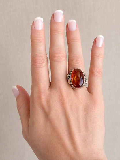 Vintage Amber Ring Sterling Silver, Floral Filigree Oval Statement Ring, Boho Everyday Jewelry