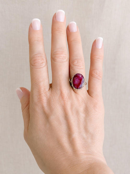 Vintage Ruby Ring, Sterling Silver Oval Bezel Statement Ring, Bold Everyday Jewelry