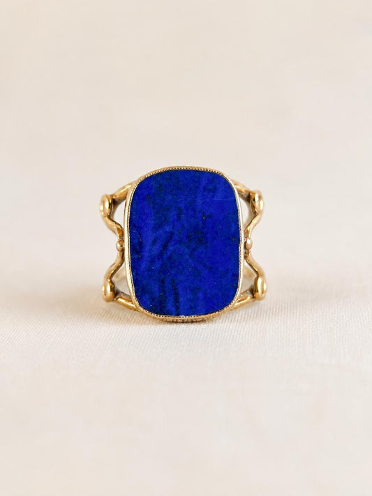 Vintage Lapis Lazuli Ring, 14K Gold, Blue Rectangle Cabochon Statement Ring, 1970s Bold Jewelry
