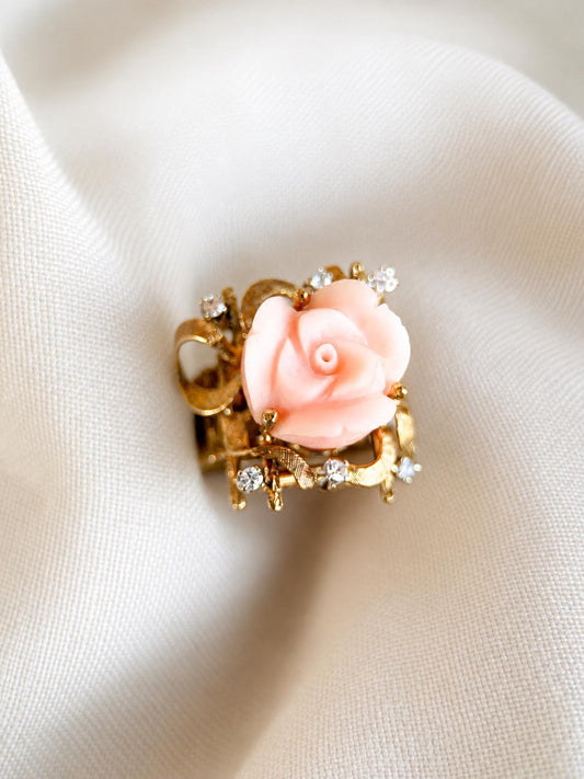Vintage Coral Ring, 14k Gold, Rose Floral Gemstone Ring, Unique Flower Jewelry