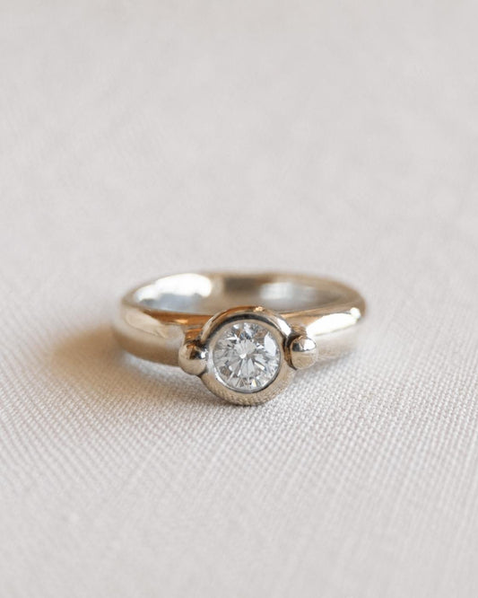 Vintage Diamond Engagement Ring, Round Cut, 14k White Gold, Solitaire Modern Bezel Bridal Ring
