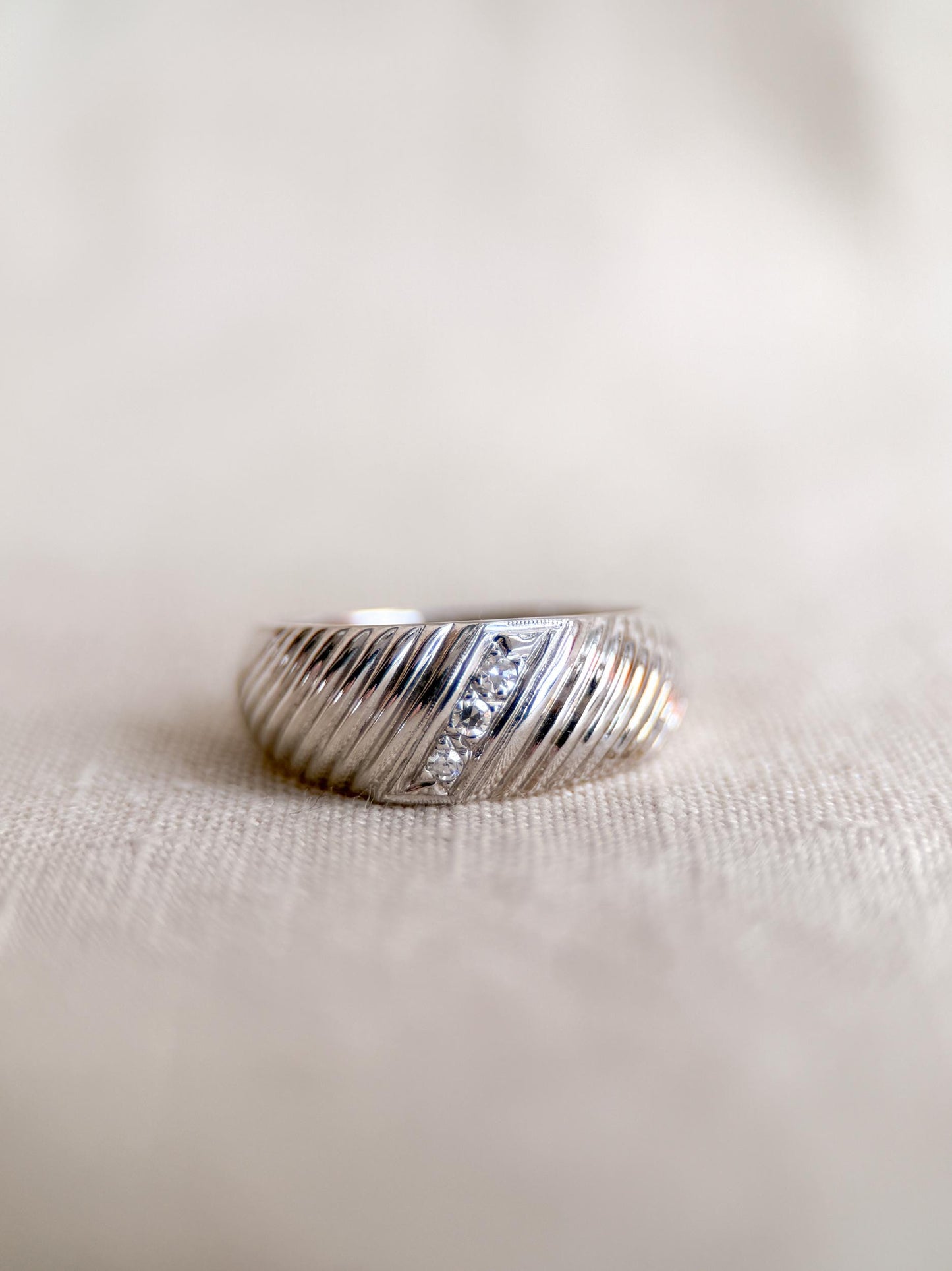 Vintage Diamond Wedding Band, 14k White Gold, Diagonal Rope Textured Ring, Anniversary Band