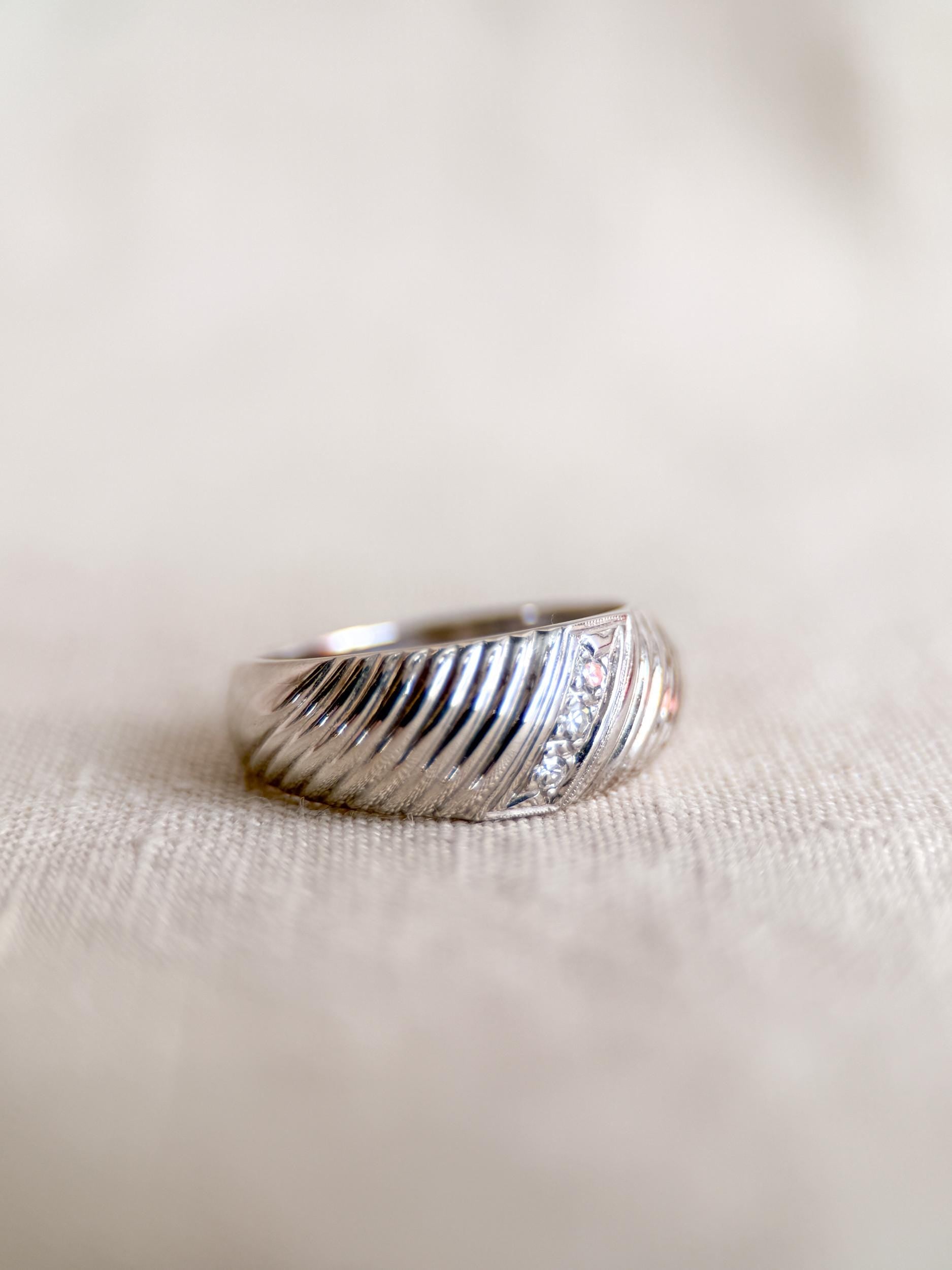 Vintage Diamond Wedding Band, 14k White Gold, Diagonal Rope Textured Ring, Anniversary Band