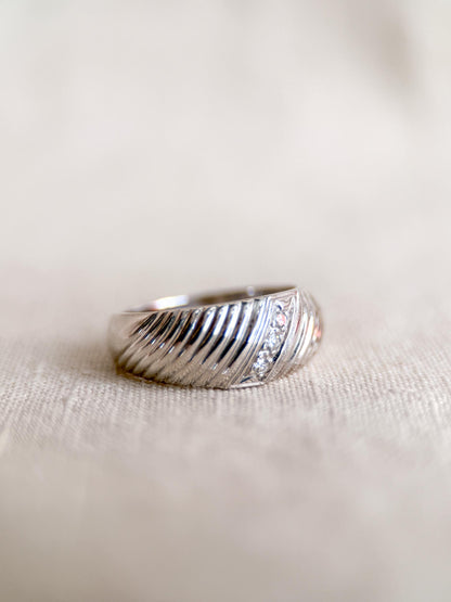 Vintage Diamond Wedding Band, 14k White Gold, Diagonal Rope Textured Ring, Anniversary Band