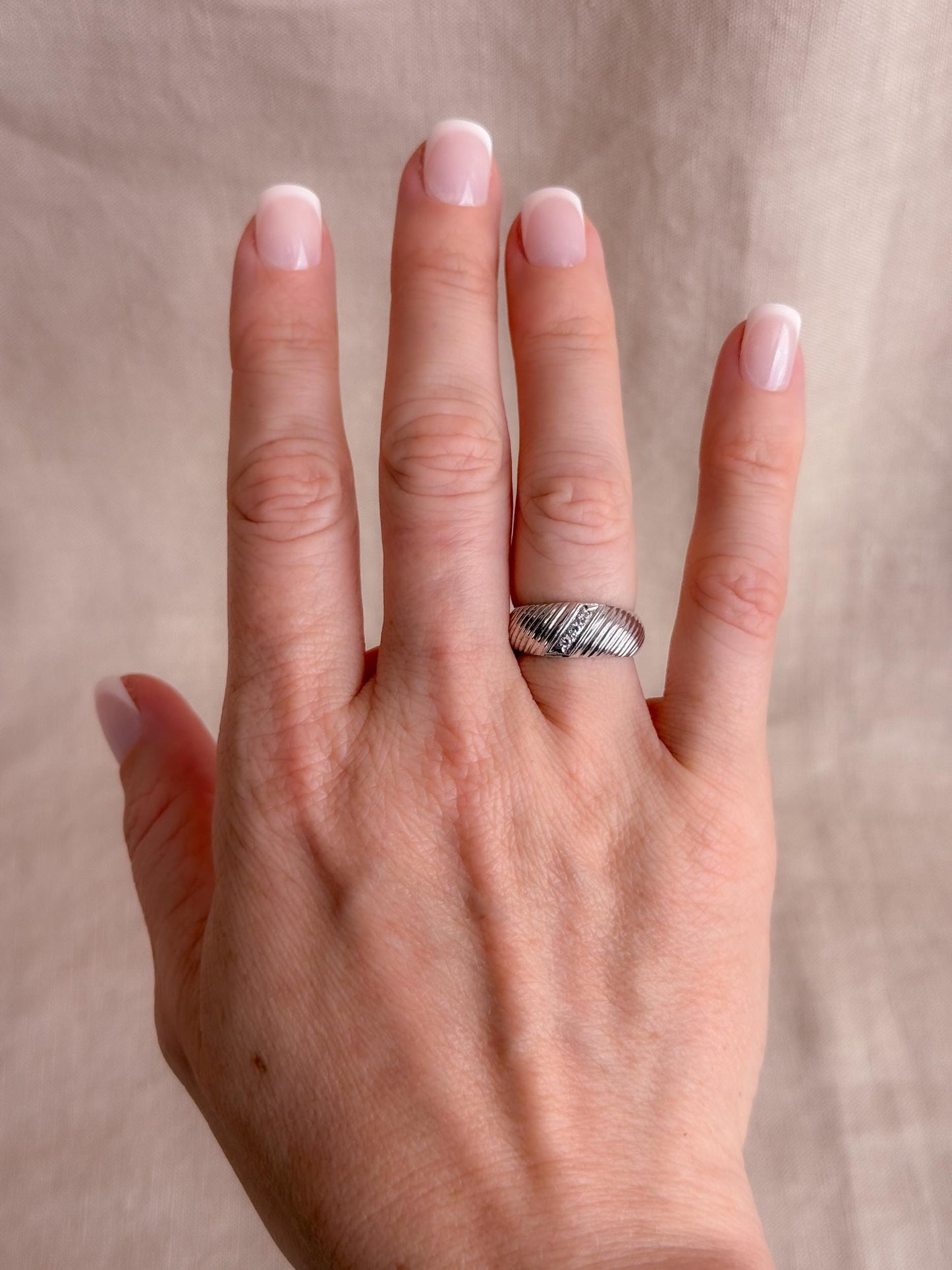 Vintage Diamond Wedding Band, 14k White Gold, Diagonal Rope Textured Ring, Anniversary Band
