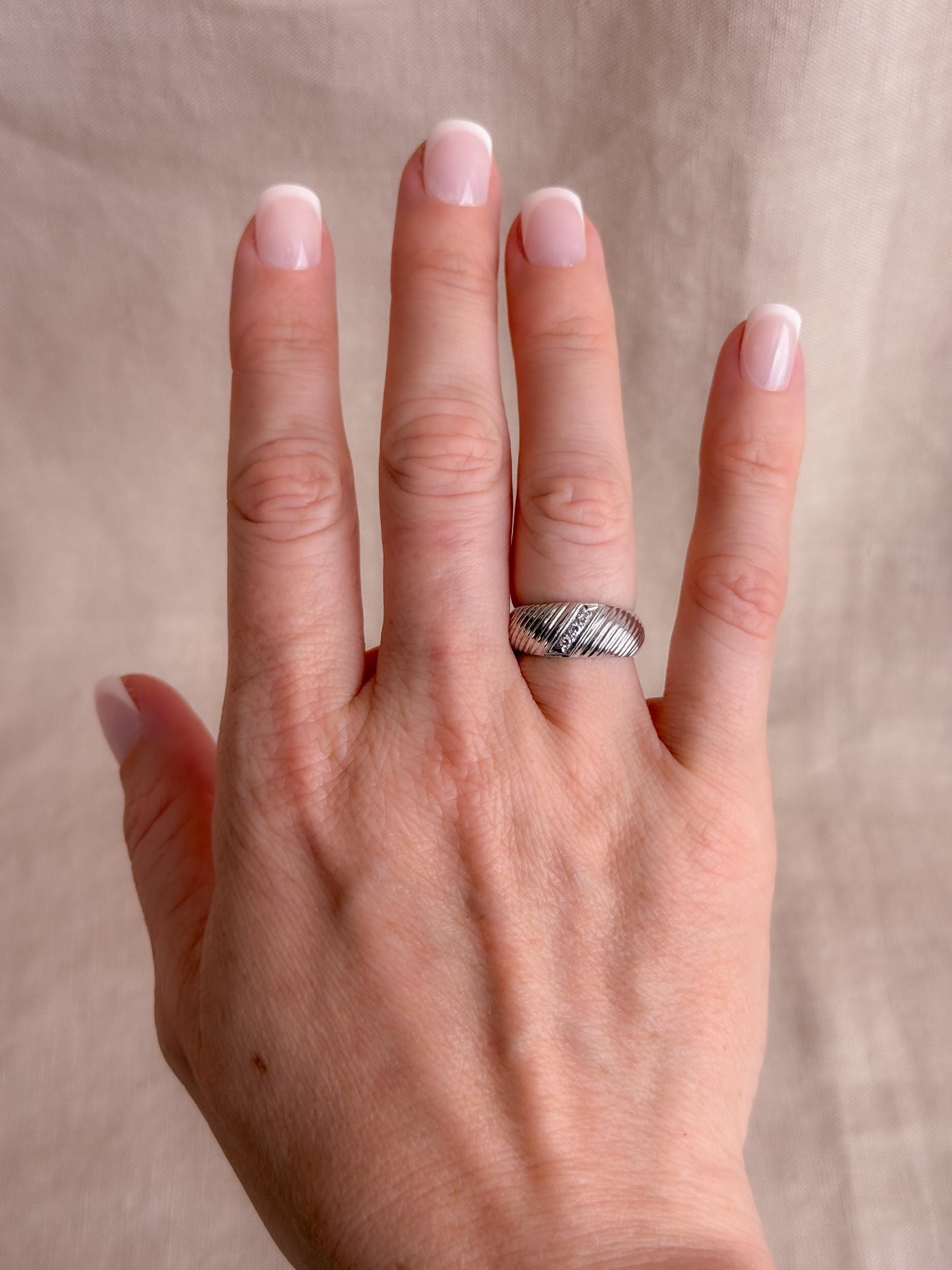 Vintage Diamond Wedding Band, 14k White Gold, Diagonal Rope Textured Ring, Anniversary Band