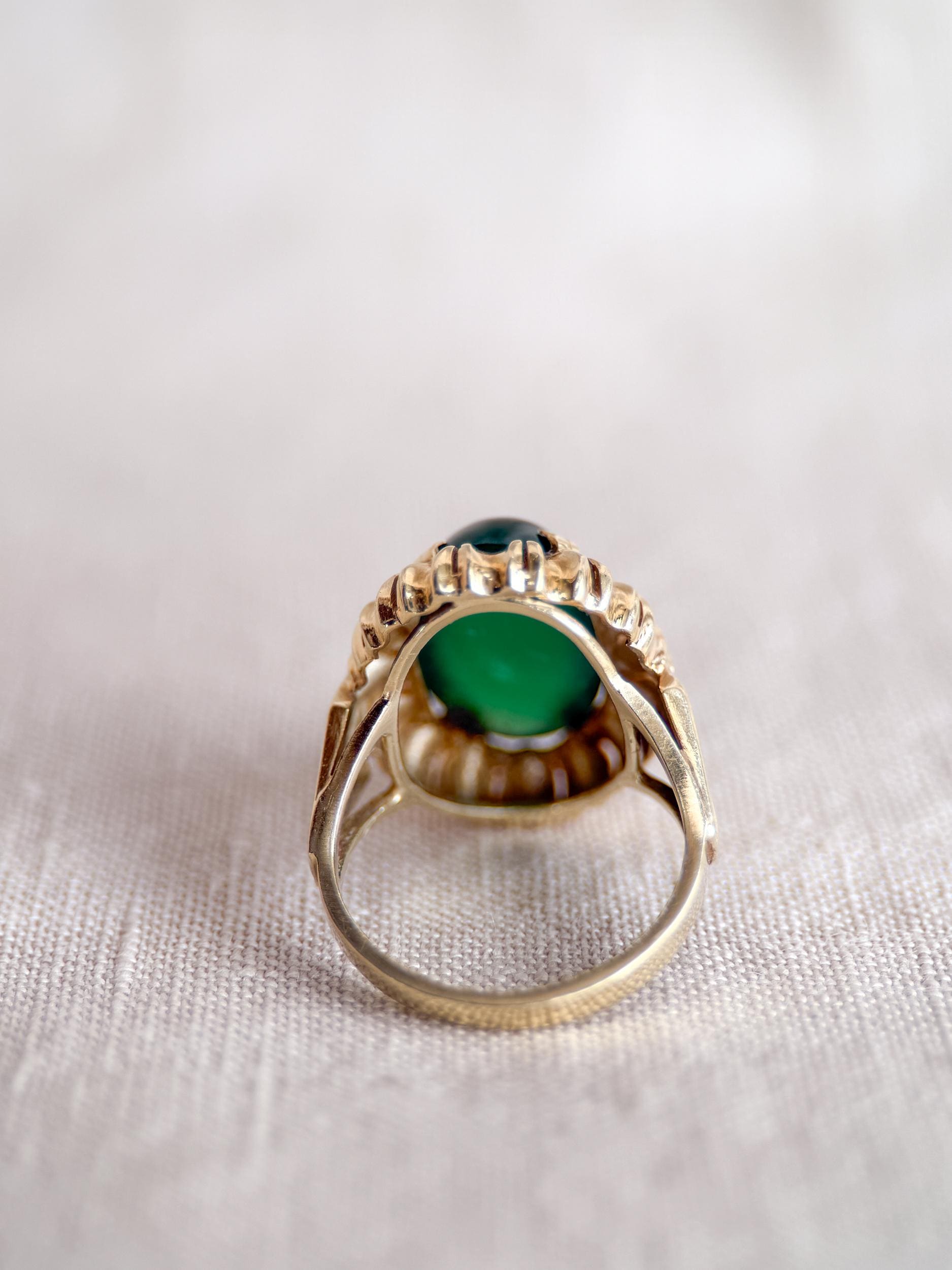 Vintage Chalcedony Ring, 14k Gold, Oval Floral Statement Ring, Bold Gemstone Jewelry