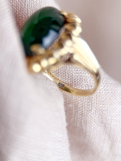 Vintage Chalcedony Ring, 14k Gold, Oval Floral Statement Ring, Bold Gemstone Jewelry