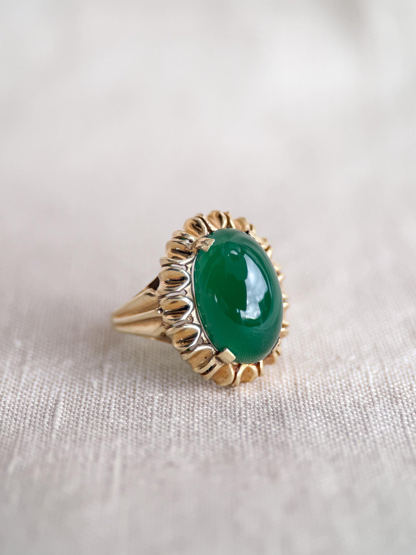 Vintage Chalcedony Ring, 14k Gold, Oval Floral Statement Ring, Bold Gemstone Jewelry