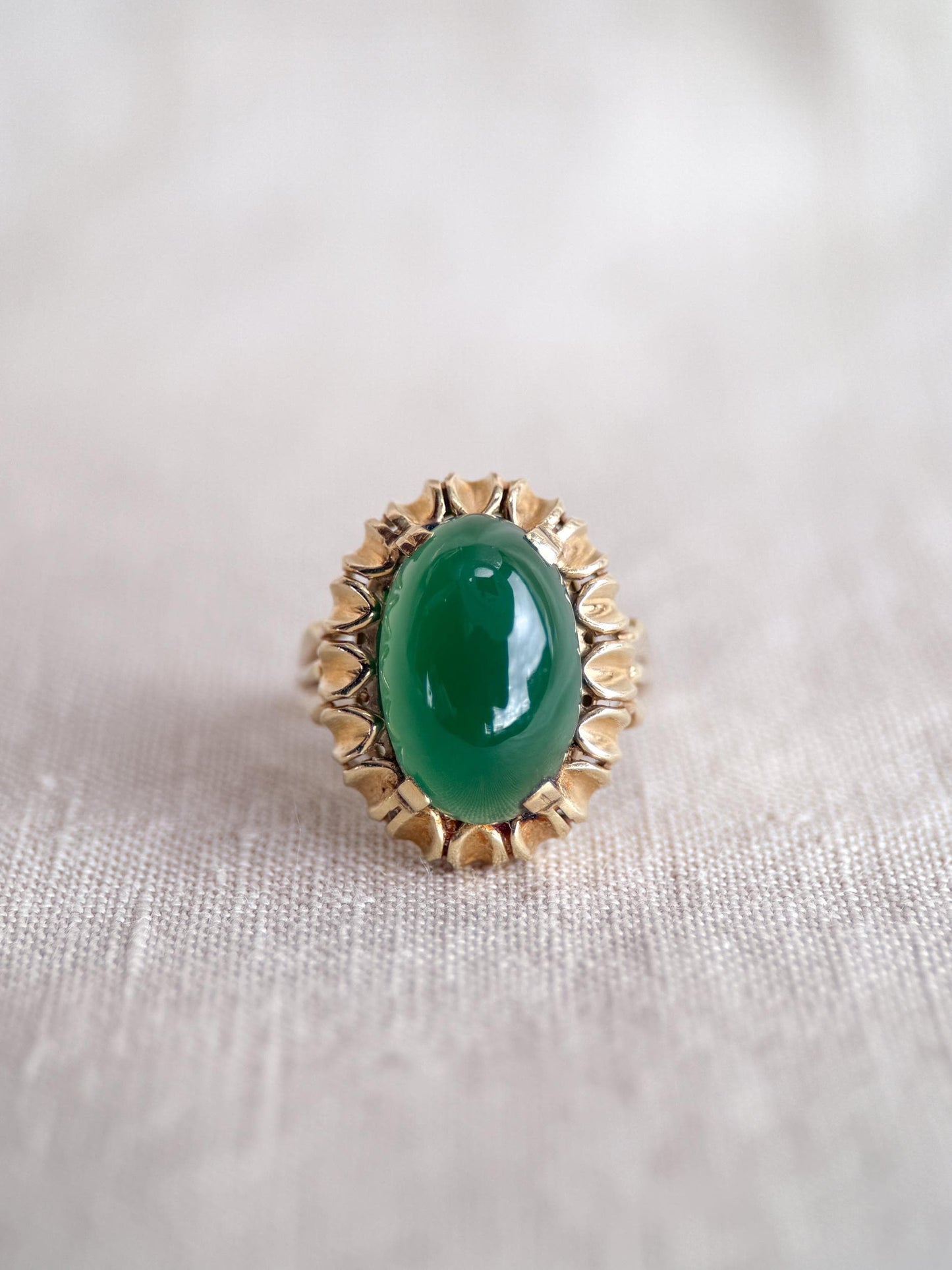 Vintage Chalcedony Ring, 14k Gold, Oval Floral Statement Ring, Bold Gemstone Jewelry
