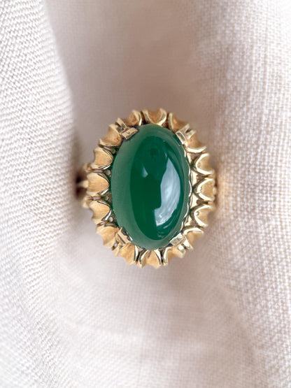 Vintage Chalcedony Ring, 14k Gold, Oval Floral Statement Ring, Bold Gemstone Jewelry