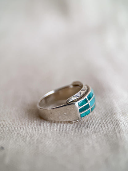 Vintage Turquoise Ring Sterling Silver, Inlaid Band Statement Ring, Boho Everyday Jewelry