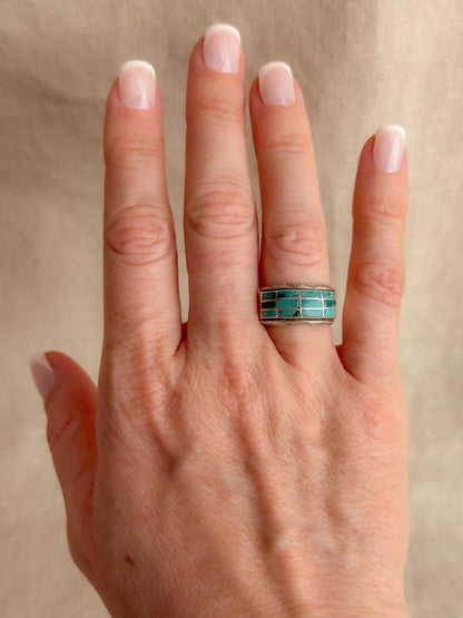 Vintage Turquoise Ring Sterling Silver, Inlaid Band Statement Ring, Boho Everyday Jewelry