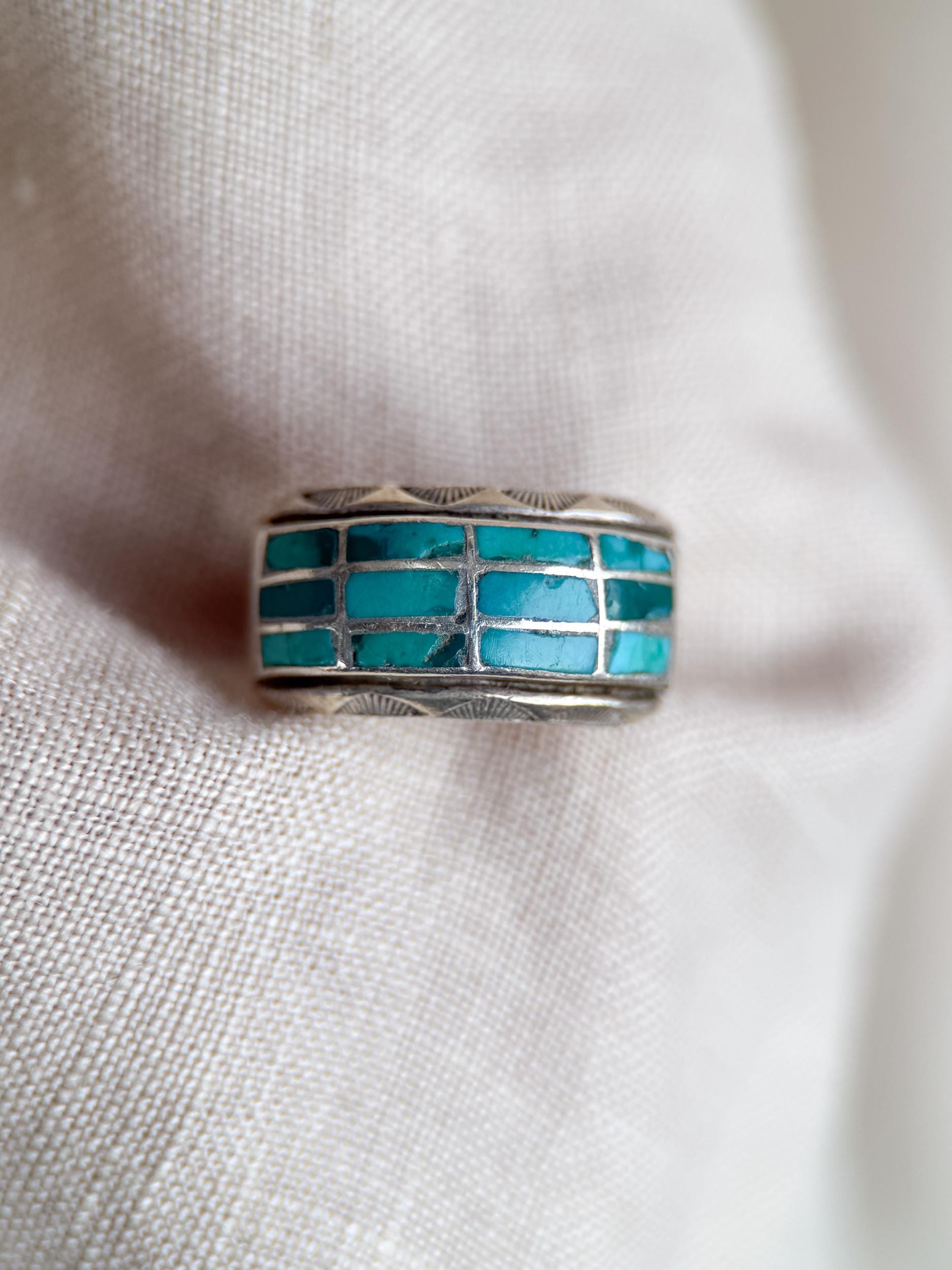 Vintage Turquoise Ring Sterling Silver, Inlaid Band Statement Ring, Boho Everyday Jewelry
