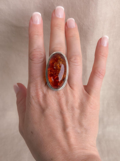 Vintage Amber Ring Sterling Silver, Large Oval Statement Ring, Boho Everyday Jewelry
