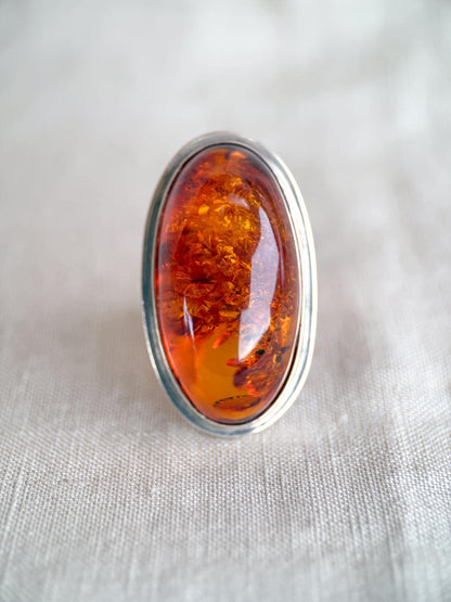 Vintage Amber Ring Sterling Silver, Large Oval Statement Ring, Boho Everyday Jewelry