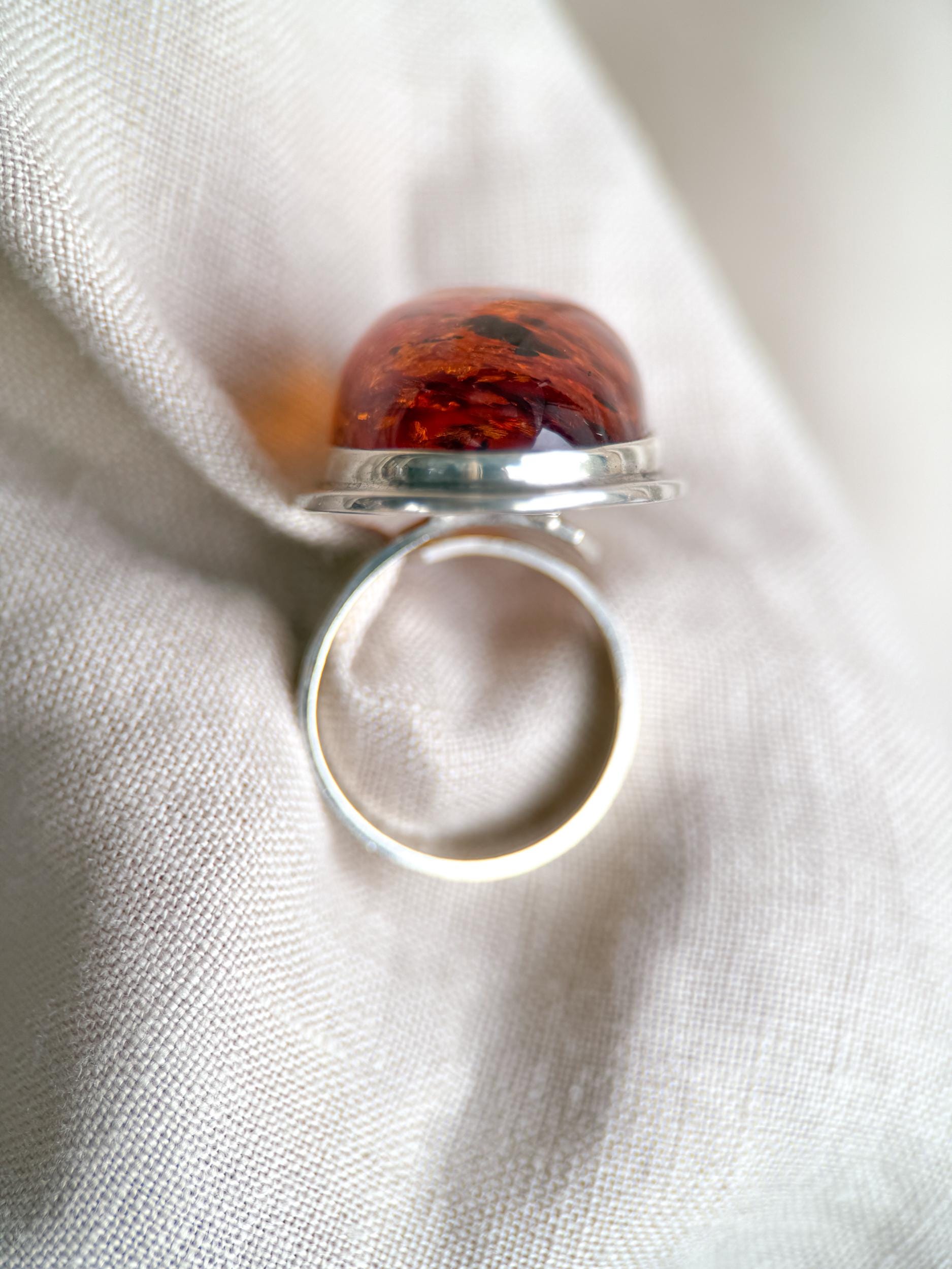 Vintage Amber Ring Sterling Silver, Large Oval Statement Ring, Boho Everyday Jewelry