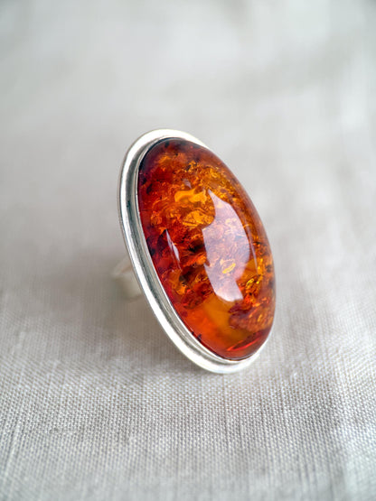 Vintage Amber Ring Sterling Silver, Large Oval Statement Ring, Boho Everyday Jewelry