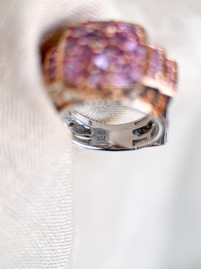 Vintage Pink Topaz Cluster Ring, Sterling Silver, Filigree Statement Ring, Bold Cocktail Jewelry