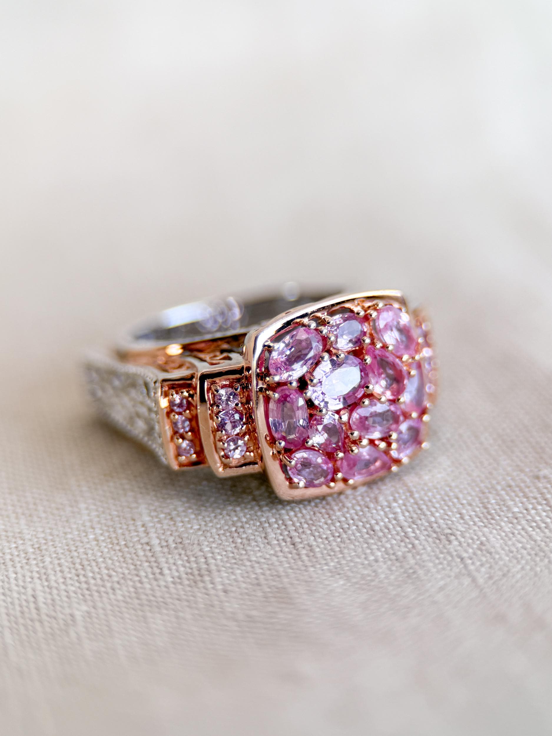 Vintage Pink Topaz Cluster Ring, Sterling Silver, Filigree Statement Ring, Bold Cocktail Jewelry