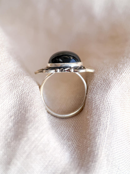 Vintage Onyx Ring, Sterling Silver, Filigree Oval Bezel Statement Ring, Boho Everyday Jewelry