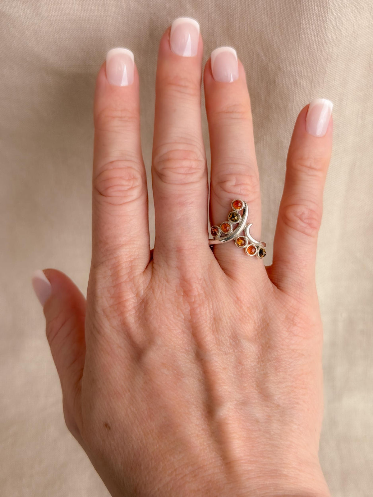 Vintage Amber Ring, Sterling Silver Floral Swirl Statement Ring, Boho Everyday Jewelry