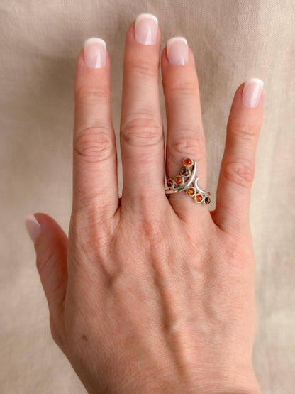 Vintage Amber Ring, Sterling Silver Floral Swirl Statement Ring, Boho Everyday Jewelry