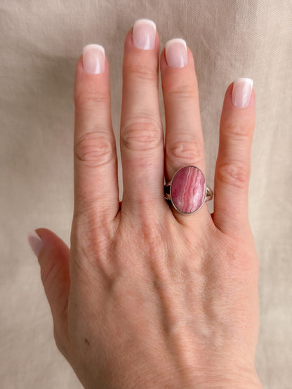 Vintage Rhodochrosite Ring, Sterling Silver Oval Bezel Statement Ring, Boho Everyday Jewelry