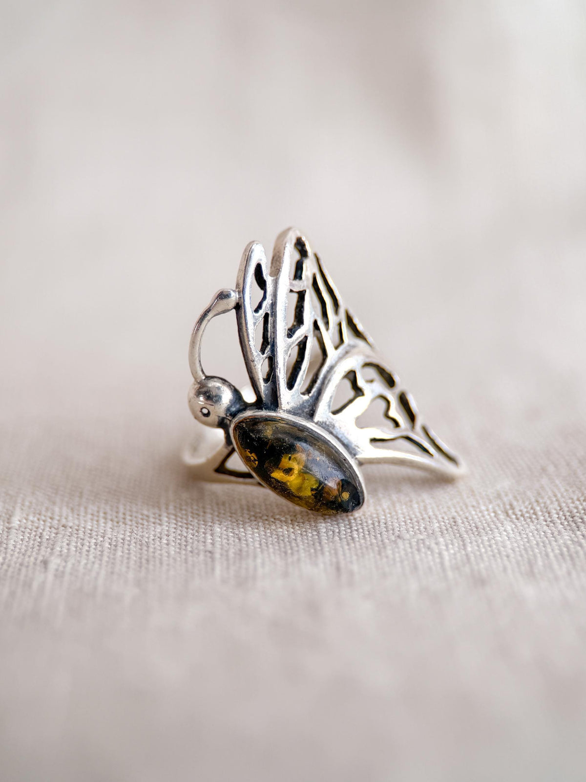 Vintage Amber Ring, Sterling Silver Butterfly Filigree Statement Ring, Boho Everyday Jewelry