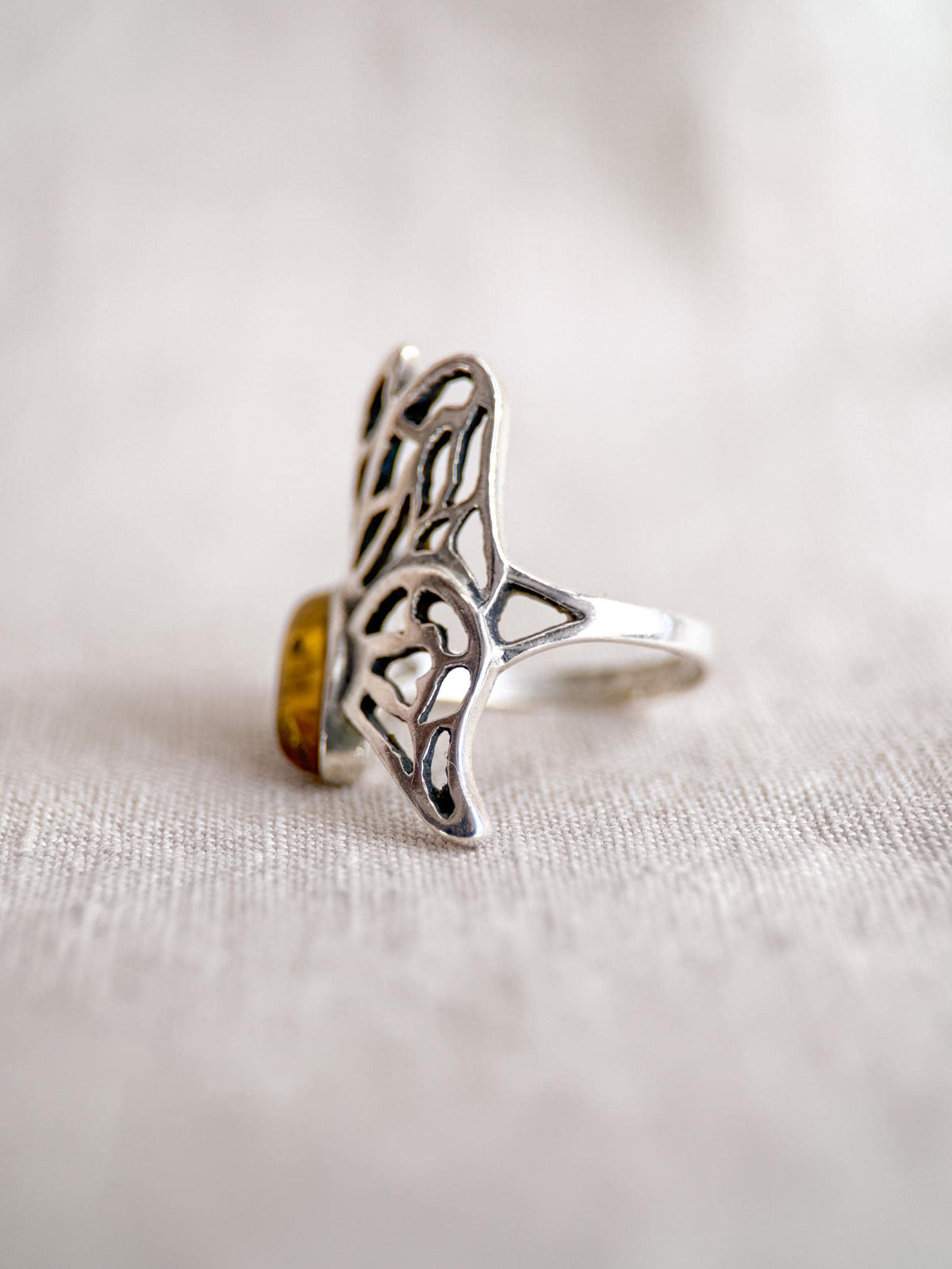 Vintage Amber Ring, Sterling Silver Butterfly Filigree Statement Ring, Boho Everyday Jewelry
